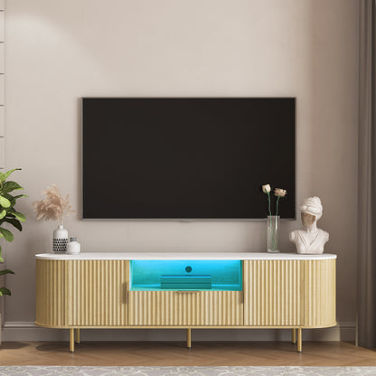 LED TV Stand with Storage for 55+ Inch TVs featuring a modern wood finish, blue LED lighting, and decorative accents in a stylish living room.