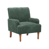 Green ribbed armchair with wooden legs on a white background