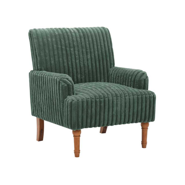 Green ribbed armchair with wooden legs on a white background