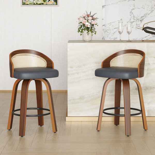 Close-up of the black cushioned seat and adjustable height mechanism of a stylish wooden bar stool in a contemporary kitchen setting.