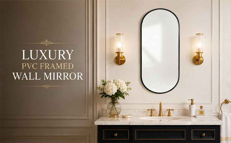Luxury pvc framed wall mirror in a bathroom setting with decorative elements.