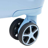 Close-up of a blue baby seat with black wheels on a white background