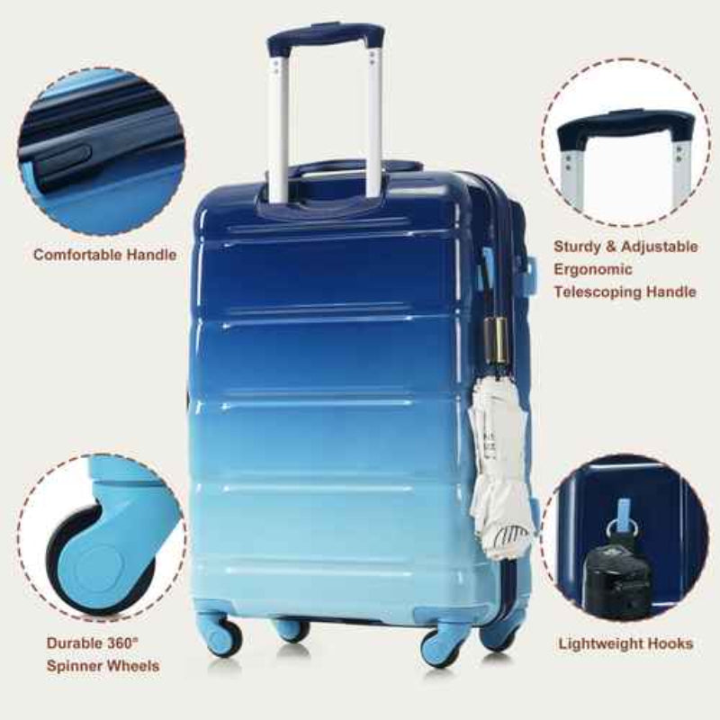 Blue suitcase with features highlighted on a light gray background