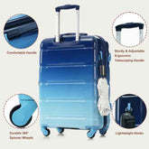 Blue suitcase with features highlighted on a light gray background