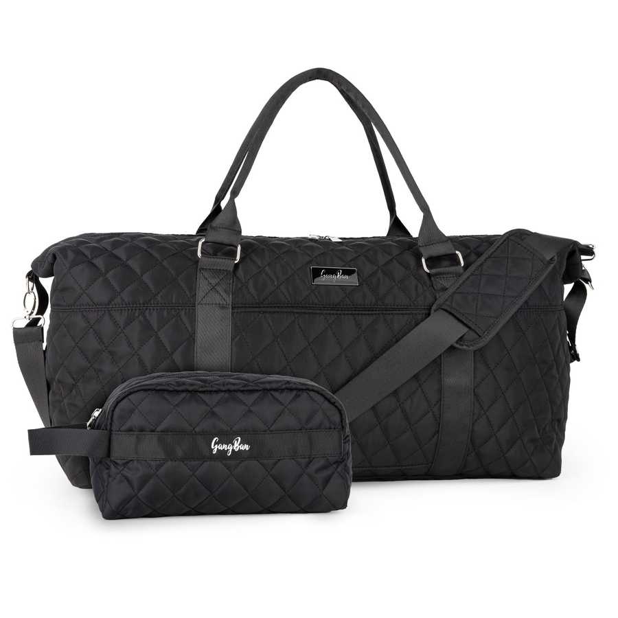 Black quilted duffel bag with matching travel pouch on a white background
