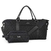 Black quilted duffel bag with matching travel pouch on a white background