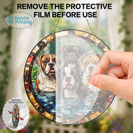 Boxer Dog Wall Art with protective film being removed, showcasing vibrant stained glass style on durable acrylic for home and garden decor.