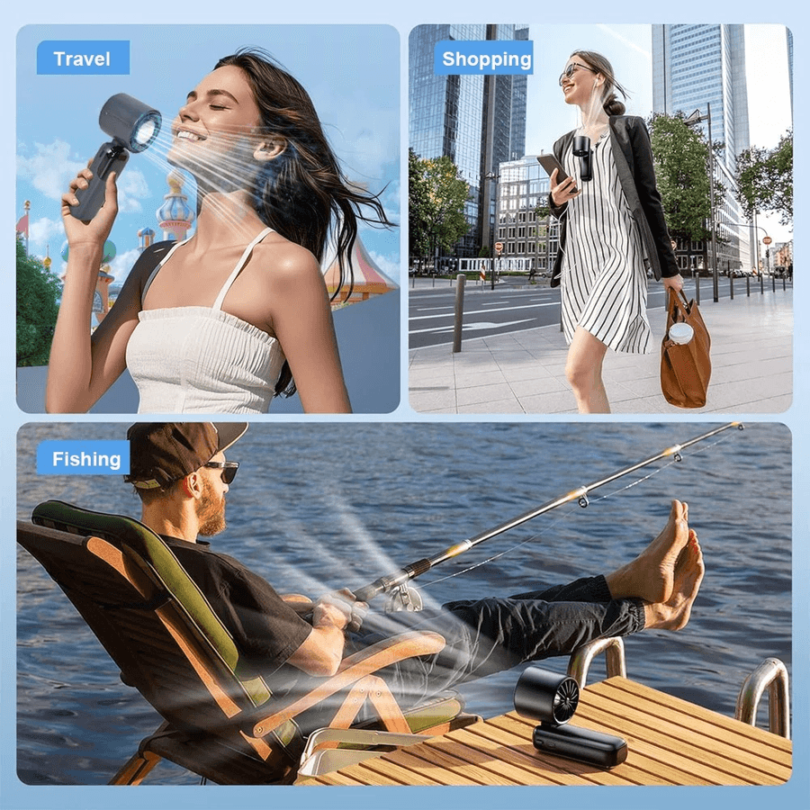 Collage of a woman using a handheld fan in travel, shopping, and fishing scenarios.