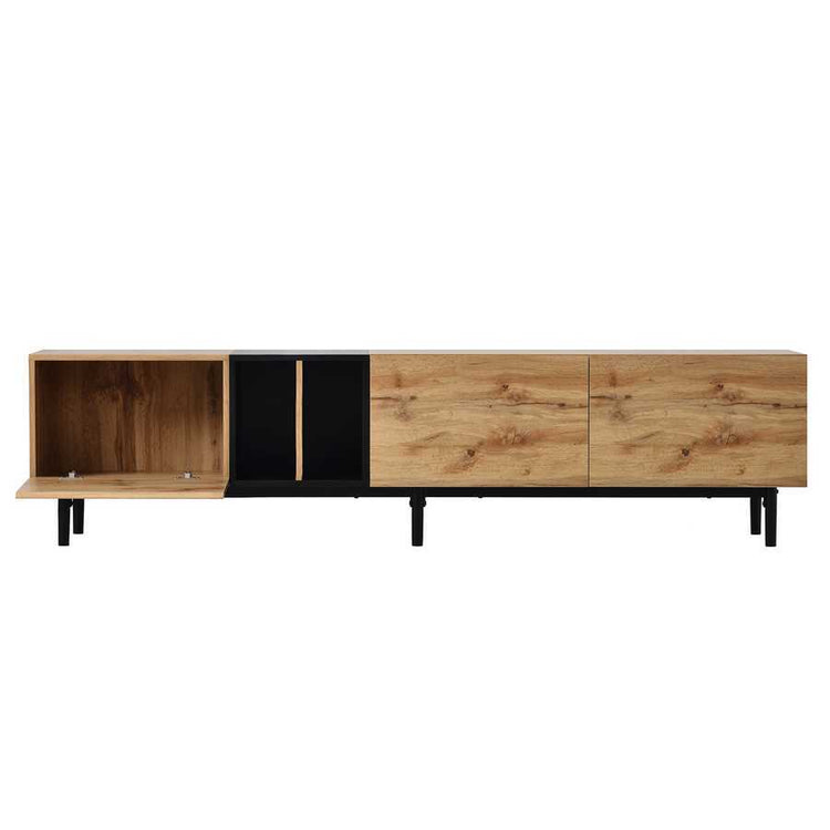 Front view of modern TV stand with closed storage doors and central open shelving in a wood and black finish.