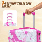 Pink printed spinner luggage set with 3 sizes, 20/24/28 inch, featuring a 3-position telescopic handle for easy maneuverability