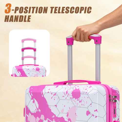 Pink printed spinner luggage set with 3 sizes, 20/24/28 inch, featuring a 3-position telescopic handle for easy maneuverability