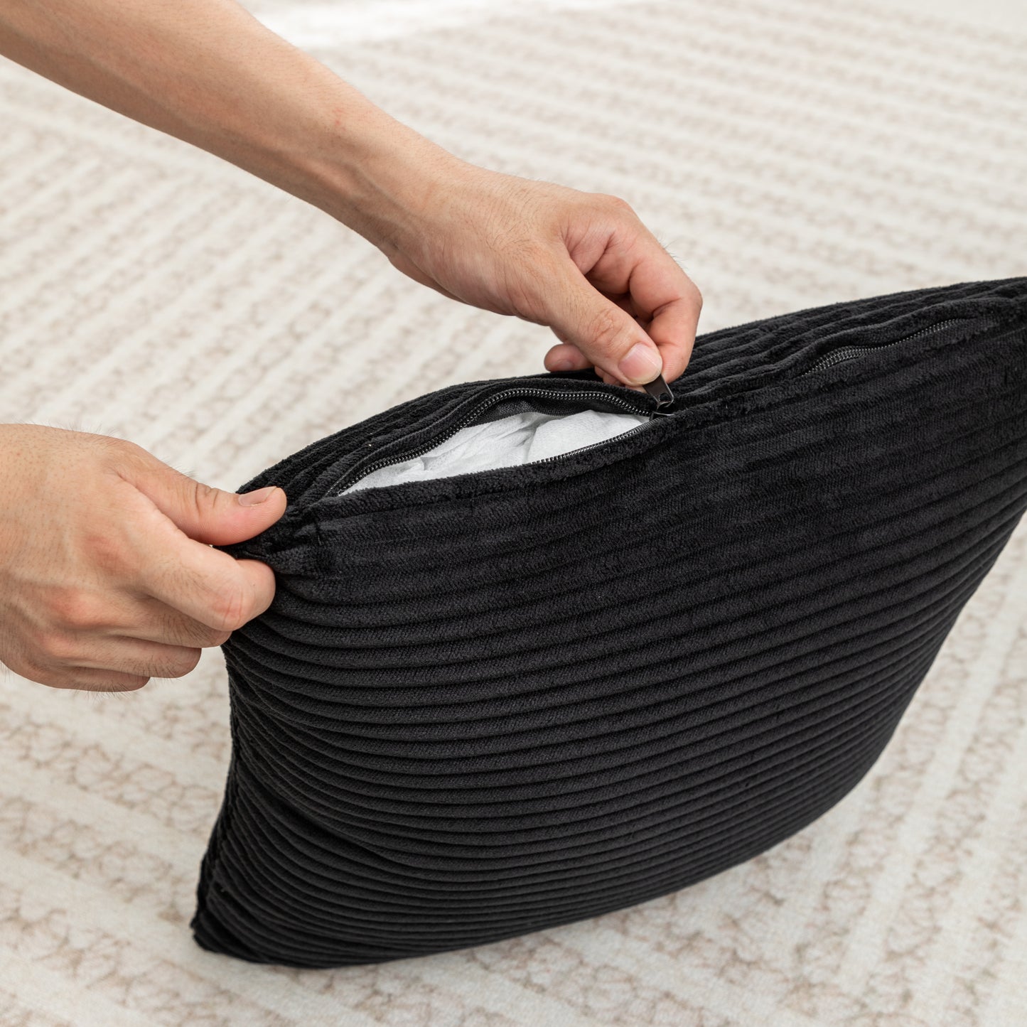 Removable cover feature of Corduroy Bean Bag Chair pillow shown with zipper, ideal for easy cleaning and maintenance.
