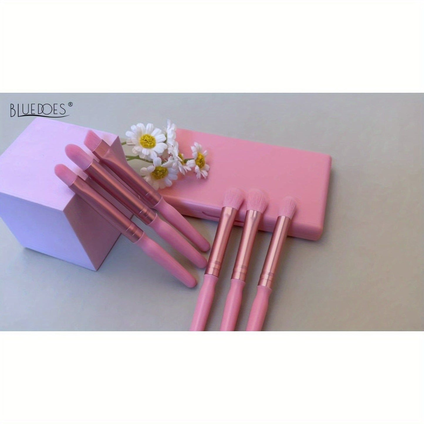 Beginner makeup brush set displayed with pink case and floral decor, featuring soft bristles for eyeshadow and powder blending.