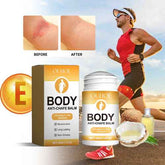 OUHOE Body Anti-Chafe Balm shown with its box and jar, alongside before-and-after skin irritation images, a running man, and ingredients including coconut and a bottle of oil on a beach background.