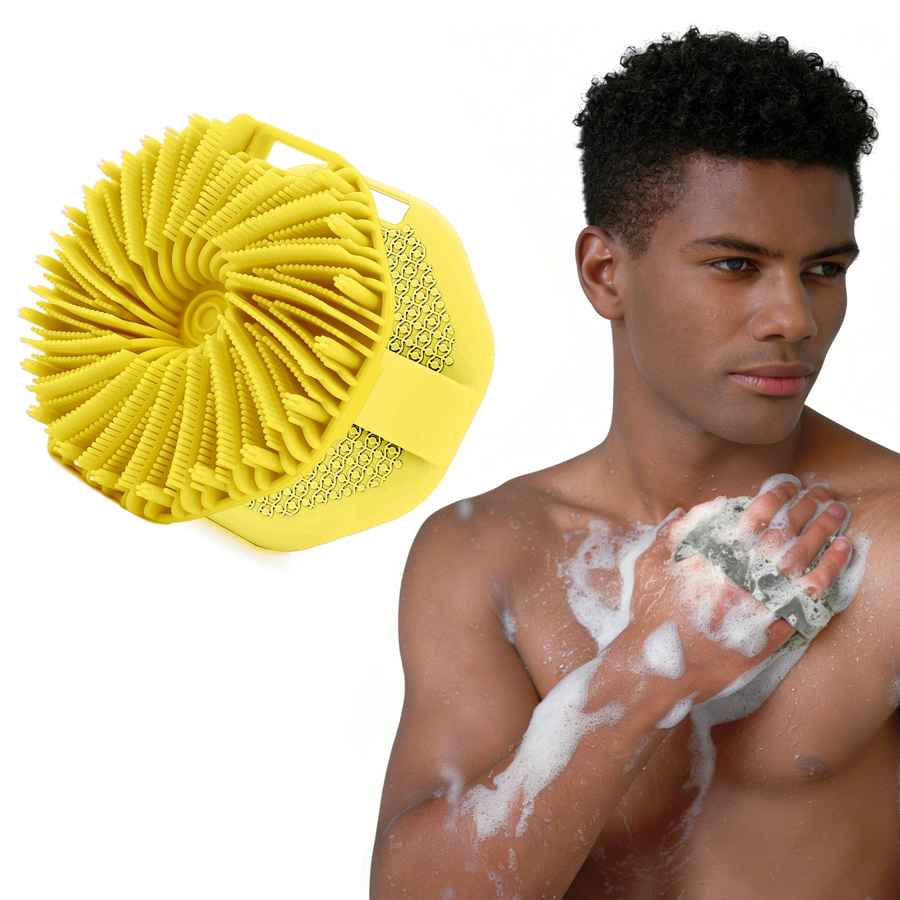 Man using a yellow exfoliating pad on his skin with a white background