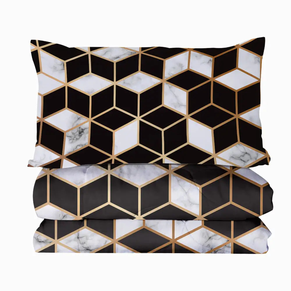 3PCS Comforter Geometric Cube Bedding Set Queen Size Black White Gold Reversible MLNshops]