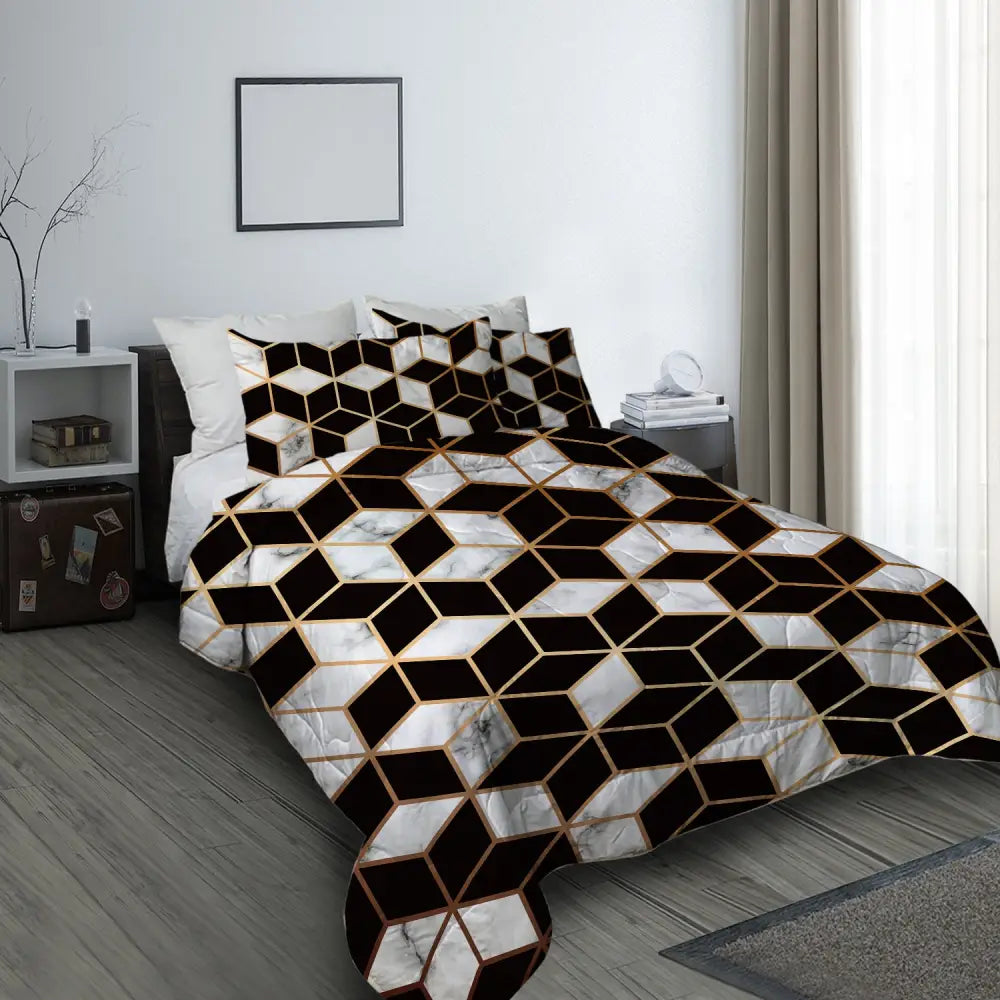 3PCS Comforter Geometric Cube Bedding Set Queen Size Black White Gold Reversible MLNshops]