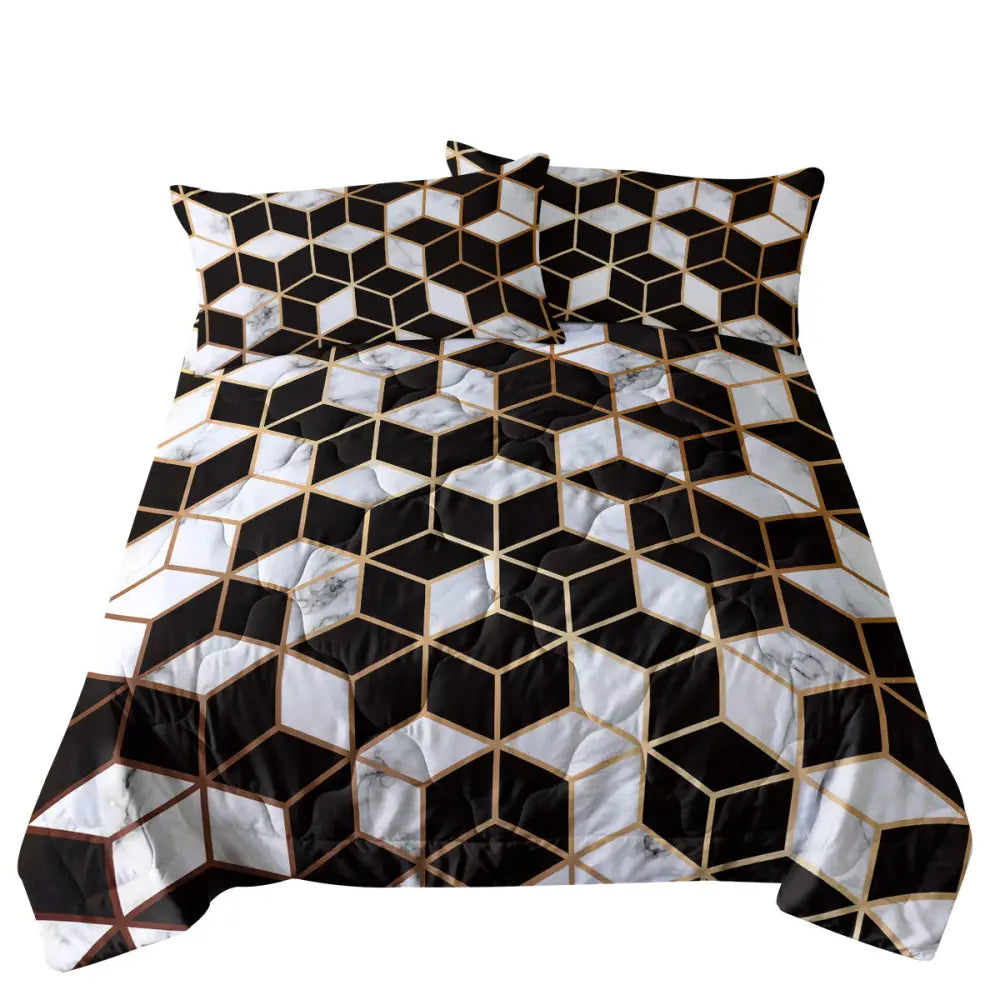 3PCS Comforter Geometric Cube Bedding Set Queen Size Black White Gold Reversible MLNshops]