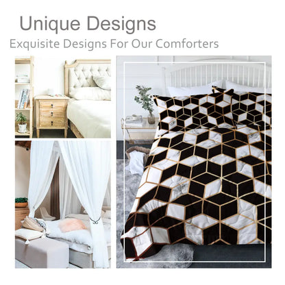 3PCS Comforter Geometric Cube Bedding Set Queen Size Black White Gold Reversible MLNshops]