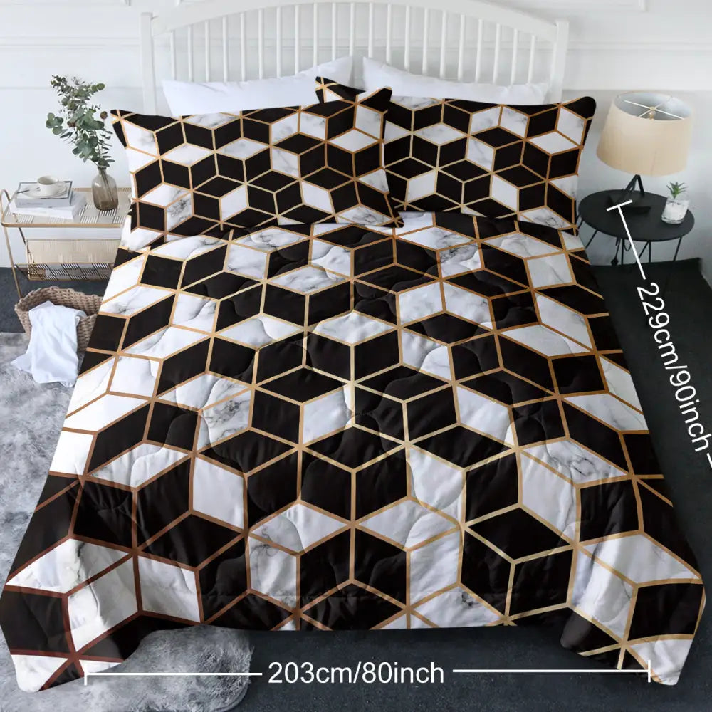 3PCS Comforter Geometric Cube Bedding Set Queen Size Black White Gold Reversible MLNshops]