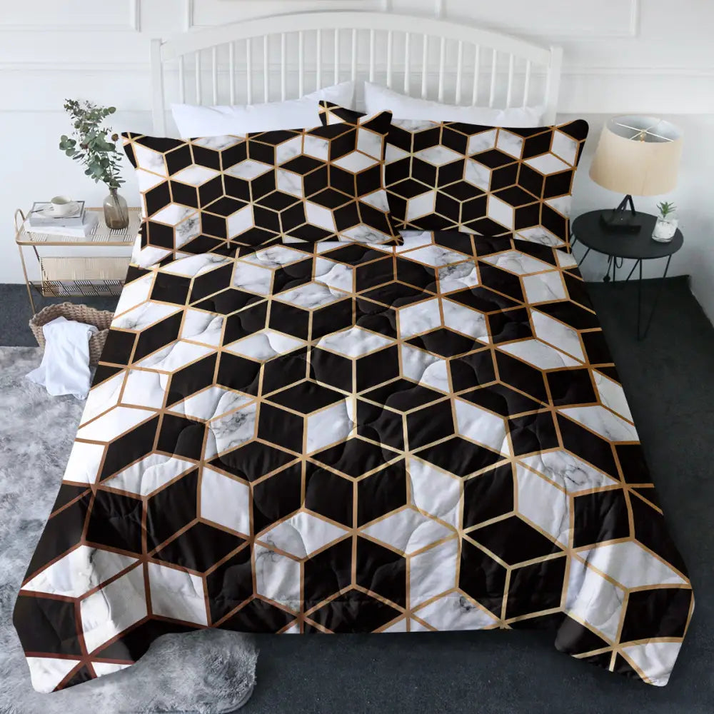 3PCS Comforter Geometric Cube Bedding Set Queen Size Black White Gold Reversible MLNshops]