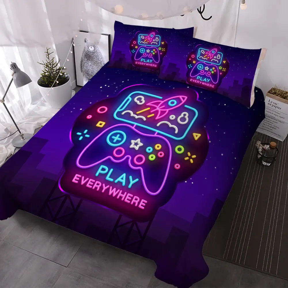 3Pcs Trippy Neon Gamepad Duvet Cover Comforter Set Twin for Gamer Soft Bedding Set MLNshops]