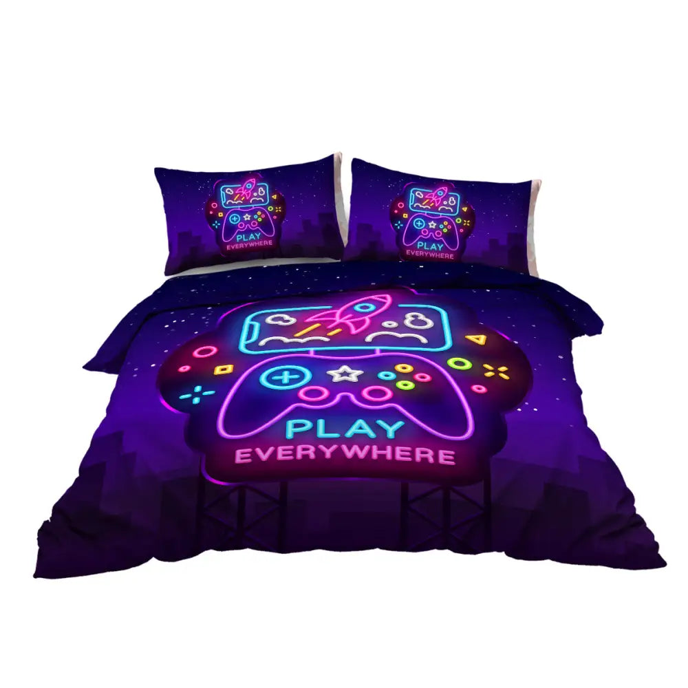 3Pcs Trippy Neon Gamepad Duvet Cover Comforter Set Twin for Gamer Soft Bedding Set MLNshops]