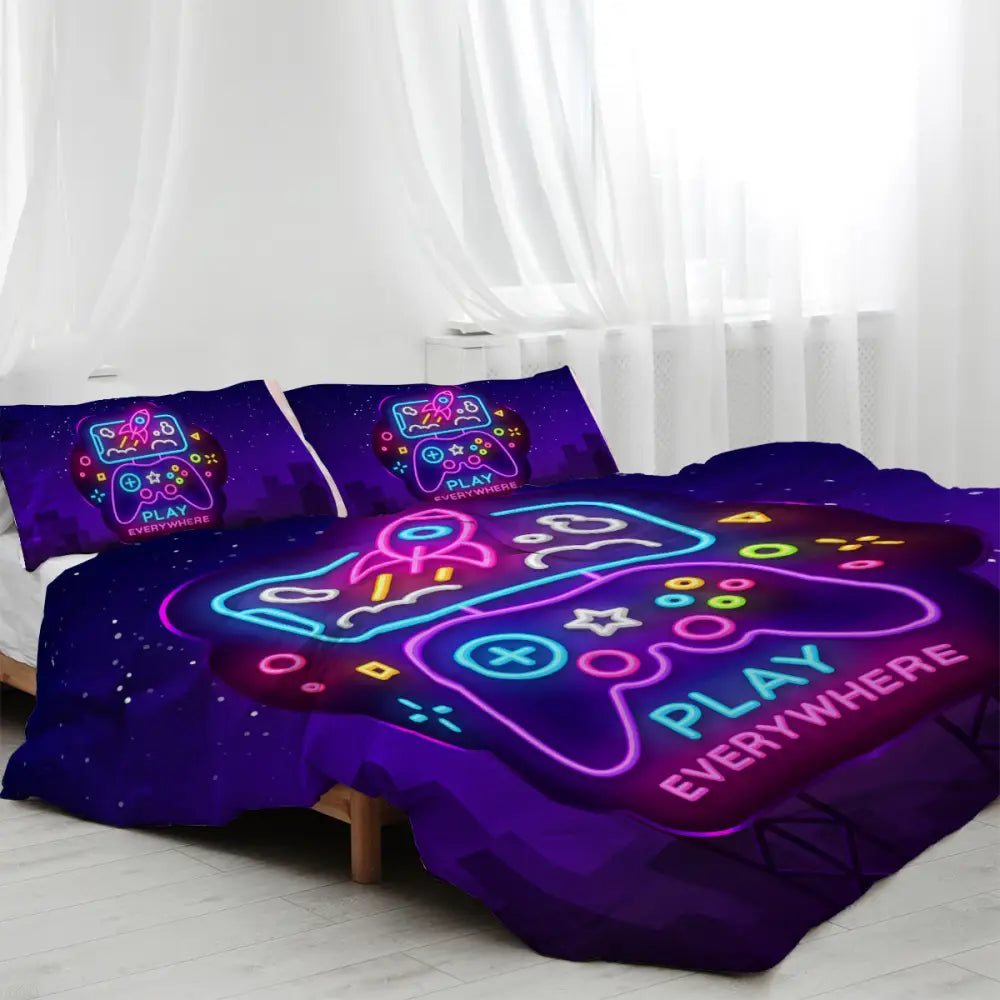 3Pcs Trippy Neon Gamepad Duvet Cover Comforter Set Twin for Gamer Soft Bedding Set MLNshops]