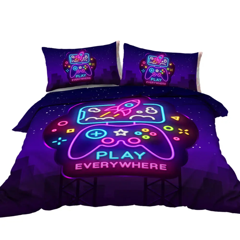 3Pcs Trippy Neon Gamepad Duvet Cover Comforter Set Twin for Gamer Soft Bedding Set MLNshops]