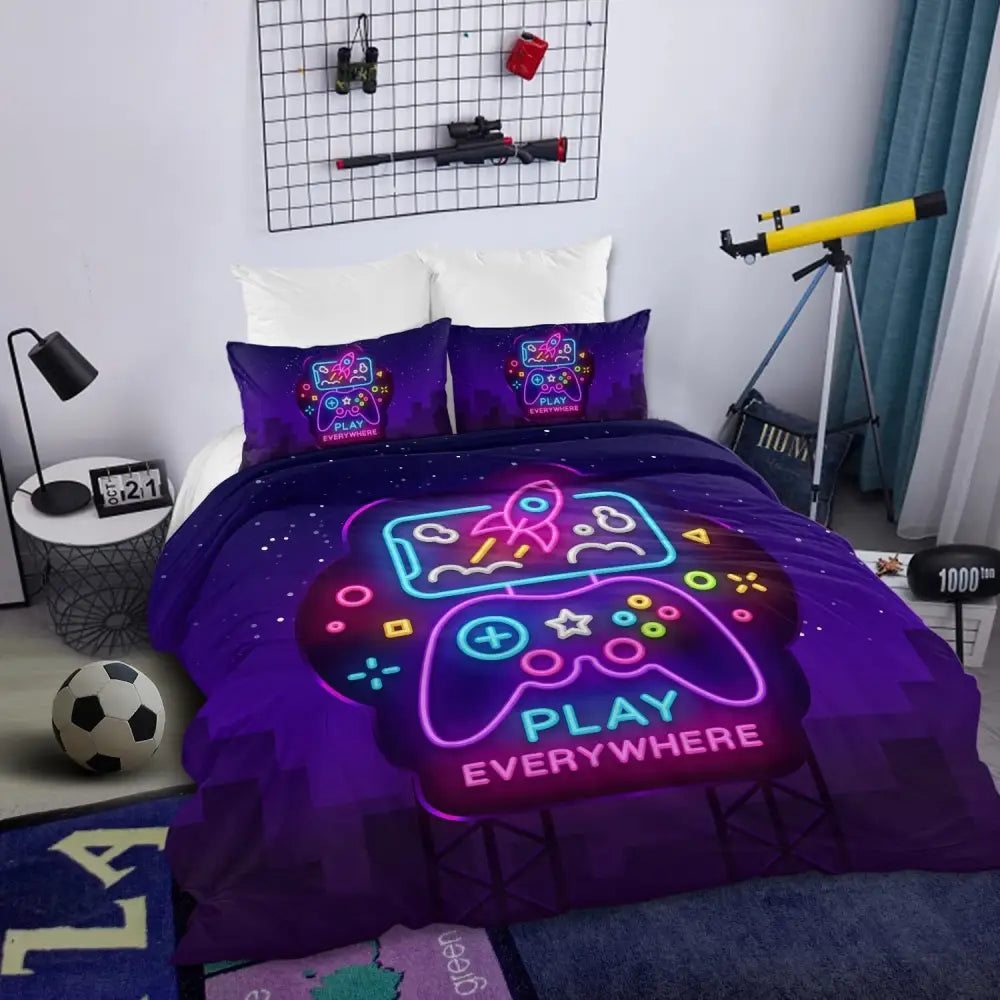 3Pcs Trippy Neon Gamepad Duvet Cover Comforter Set Twin for Gamer Soft Bedding Set MLNshops]