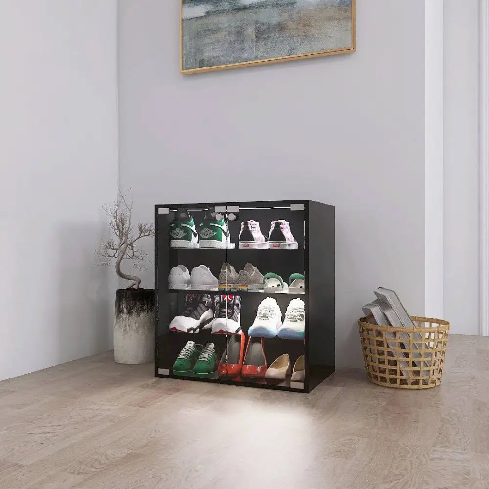 4 Layers Black Shoe Cabinet with Glass Door and Glass Layer Shoes Display Cabinet with LED light Bluetooth Control MLNshops]