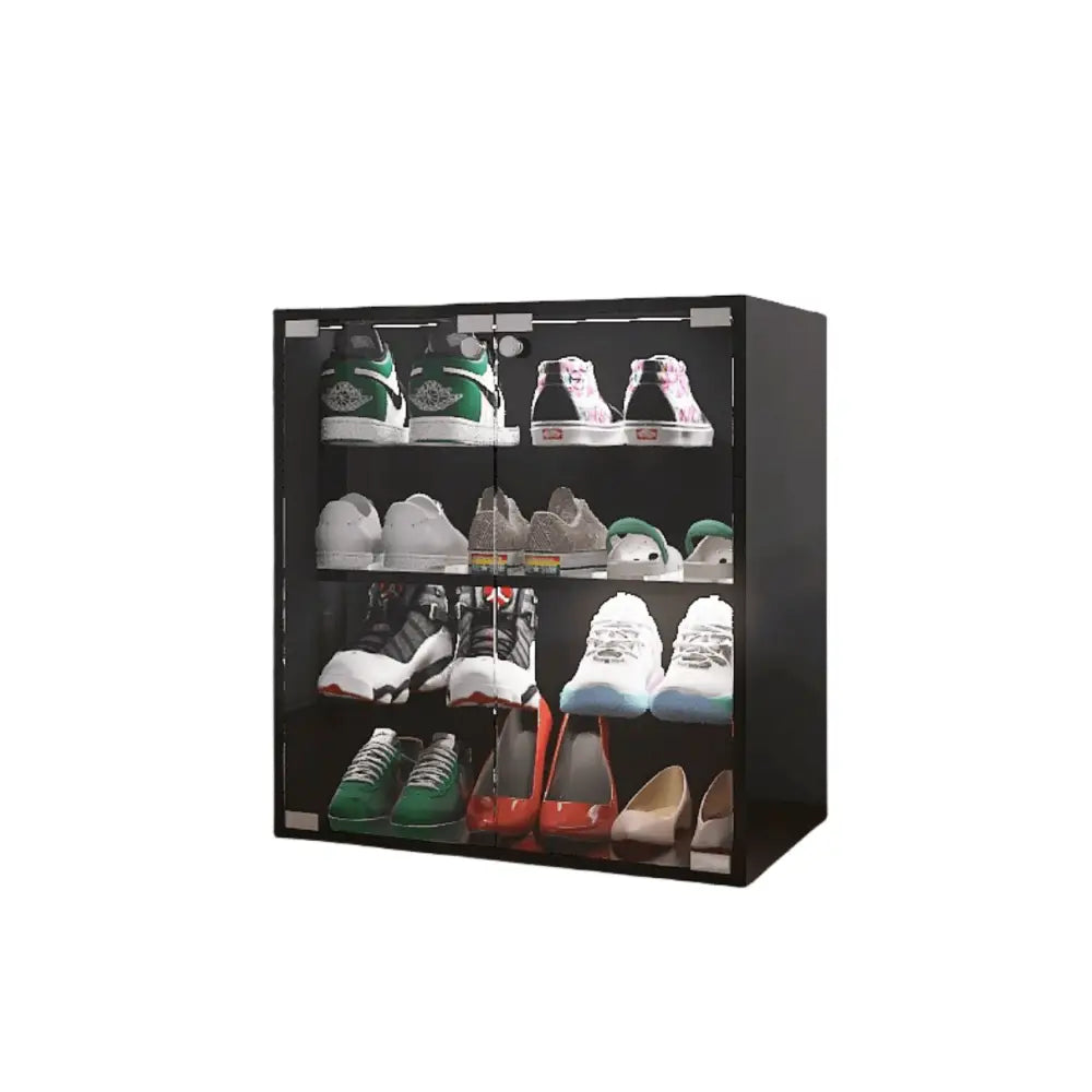 4 Layers Black Shoe Cabinet with Glass Door and Glass Layer Shoes Display Cabinet with LED light Bluetooth Control MLNshops]