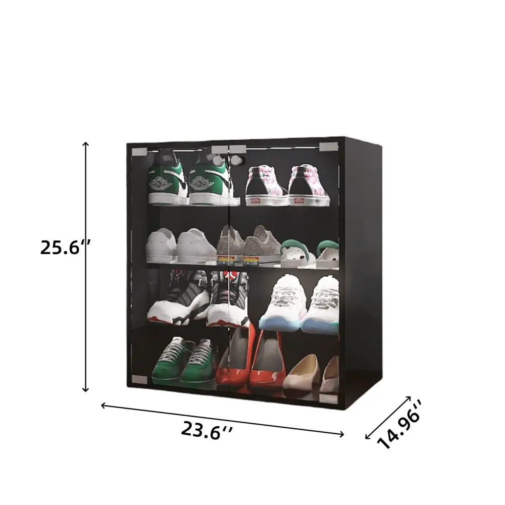 4 Layers Black Shoe Cabinet with Glass Door and Glass Layer Shoes Display Cabinet with LED light Bluetooth Control MLNshops]