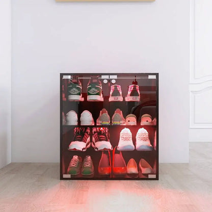 4 Layers Black Shoe Cabinet with Glass Door and Glass Layer Shoes Display Cabinet with LED light Bluetooth Control MLNshops]