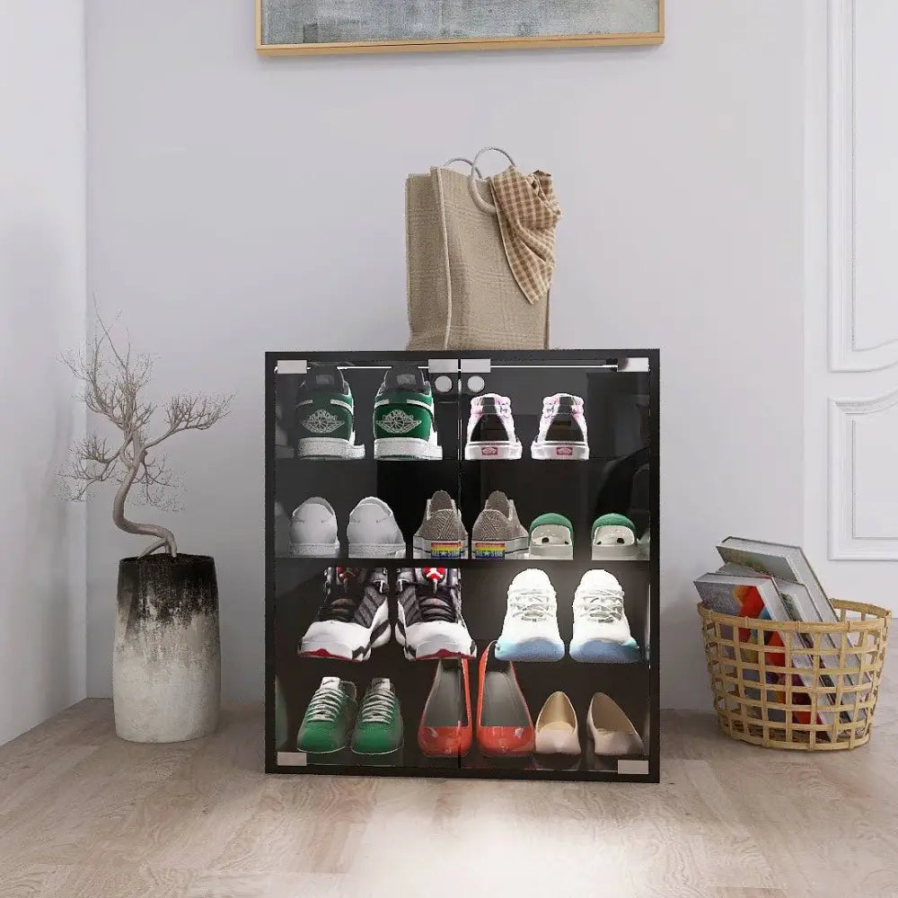 4 Layers Black Shoe Cabinet with Glass Door and Glass Layer Shoes Display Cabinet with LED light Bluetooth Control MLNshops]