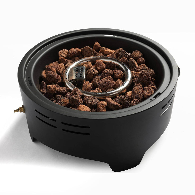 Portable outdoor fire pit with lava rocks interior