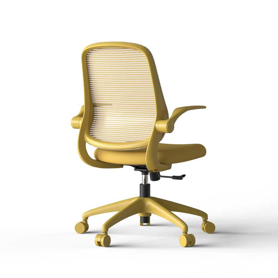 Yellow office chair with mesh back on a white background