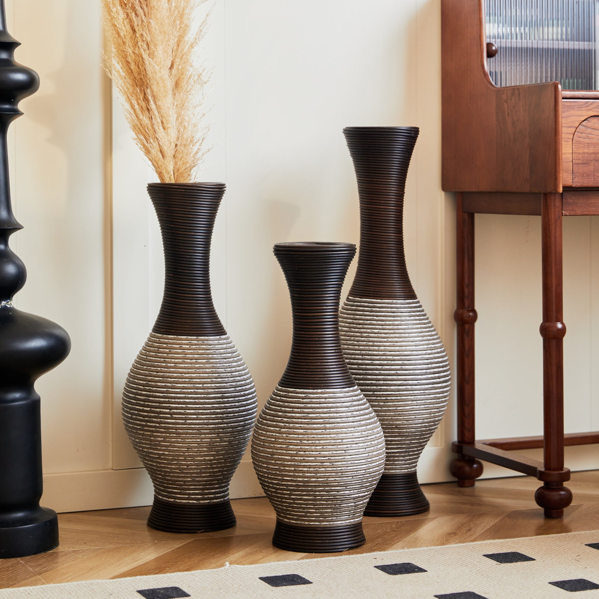 Brown floor vase set of 3 styled with pampas grass in a modern room, ideal for elegant flower stand and home décor.