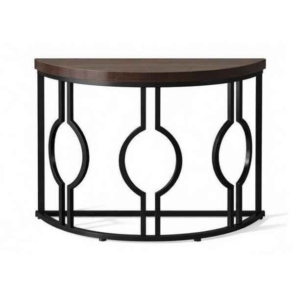 A semi-circular console table with a dark brown wood top and a black metal frame featuring three interlocking oval motifs, shown on a white background.