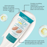 Hand cream packaging with text highlighting its benefits on a light blue background