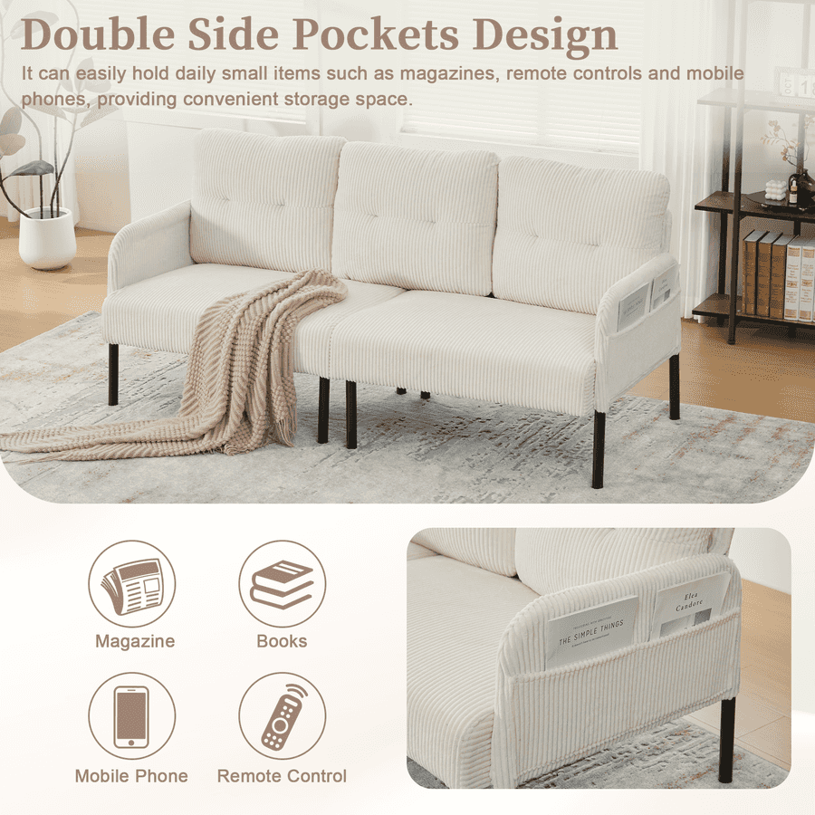 Beige sofa with double side pockets design in a living room setting