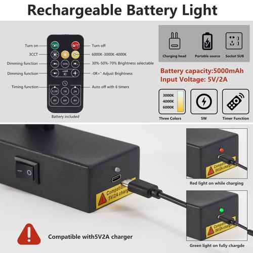 Rechargeable battery light with remote control and charging details on a white background