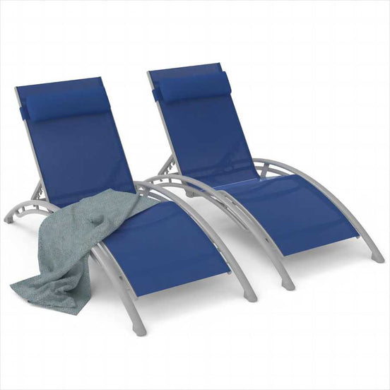 Two blue lounge chairs with a gray towel on a white background