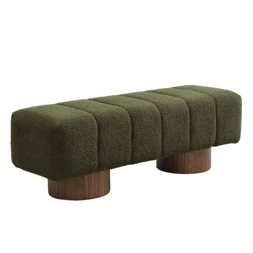 Green upholstered bench with wooden legs on a white background