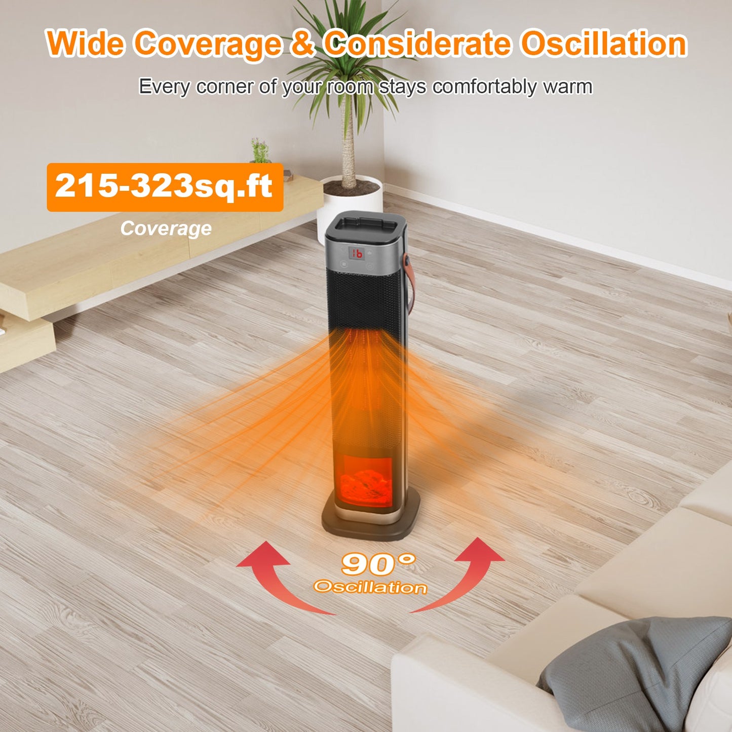 Portable Space Heaters for Indoor Use Large Room, 1500W Oscillating Ceramic Tower Space Heater with 3D Flame Portable Electric Heater with 3 Wind Modes 59-104℉Heating Remote Control 12H Timer Overheat Tip-Over Protection for Bedroom Office