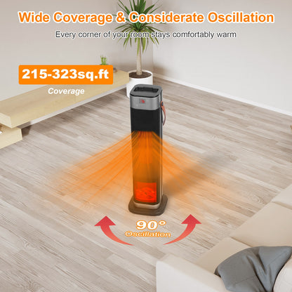 Portable Space Heaters for Indoor Use Large Room, 1500W Oscillating Ceramic Tower Space Heater with 3D Flame Portable Electric Heater with 3 Wind Modes 59-104℉Heating Remote Control 12H Timer Overheat Tip-Over Protection for Bedroom Office