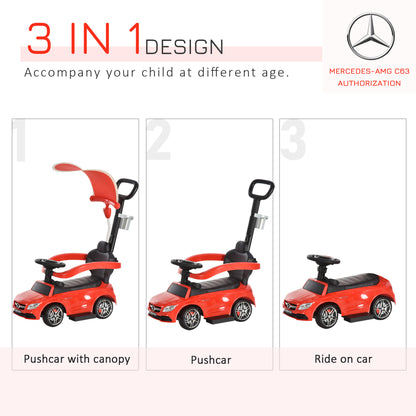 3 in 1 Ride on Push Cars for Toddlers, Stroller Sliding Walking Car with Sun Canopy, Horn, Music, Safety Bar, Cup Holder and Storage, Red