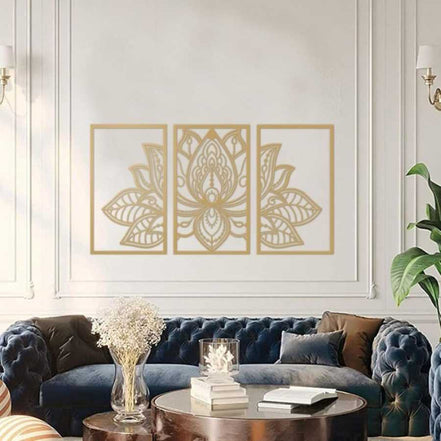 Iron Mandala Lotus Wall Art in 3-panel format mounted in a white luxury living room, perfect for elegant Zen-inspired home decor.