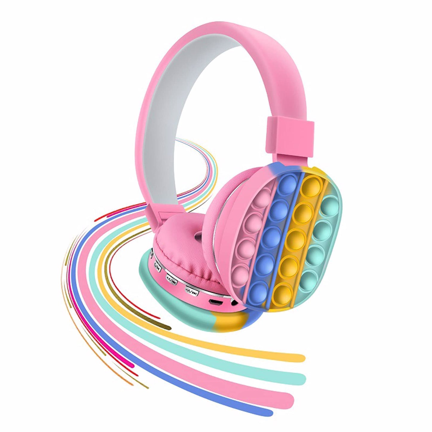 Kids Toy Headset, Wireless Bluetooth Headphone Pop Bubble On-Ear Headphone Fidget Toy Rainbow Color Fidget Headset for Children Adults (Blue)