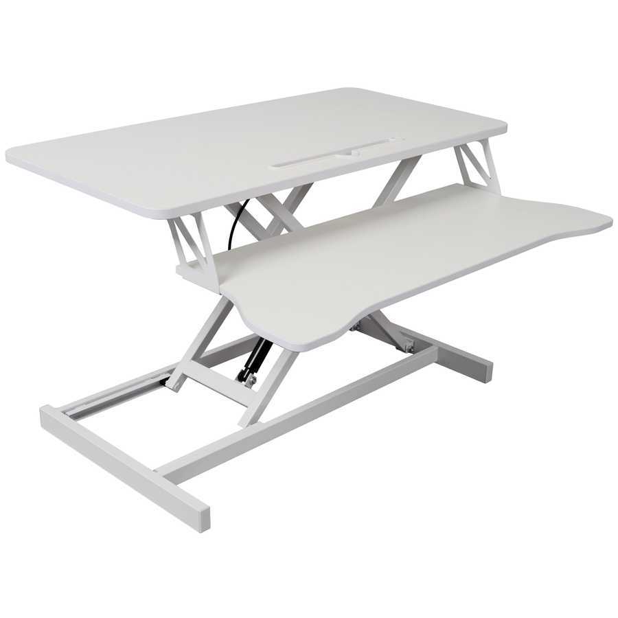 Side view of adjustable standing laptop desk with keyboard tray. Smooth height adjustment mechanism for ergonomic use.